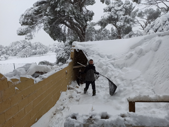 Jorge busca animales para su rescate en las instalaciones de GREFA, muy dañadas y casi sepultadas por la nieve.