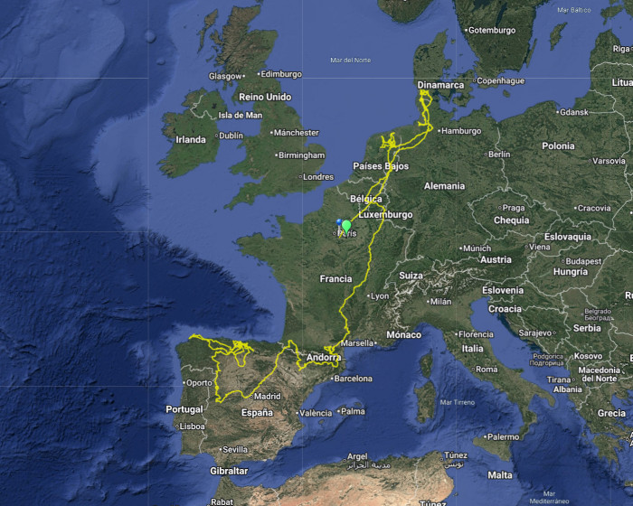 Movimiento dispersivo del pigargo "Valkiria" por Europa, con punto final en una zona cerca de París donde esta hembra murió envenenada.