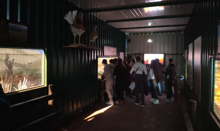 Un grupo de jóvenes en el espacio habilitado por GREFA para las aves esteparias, donde viven los dos búhos campestres irrecuperables.