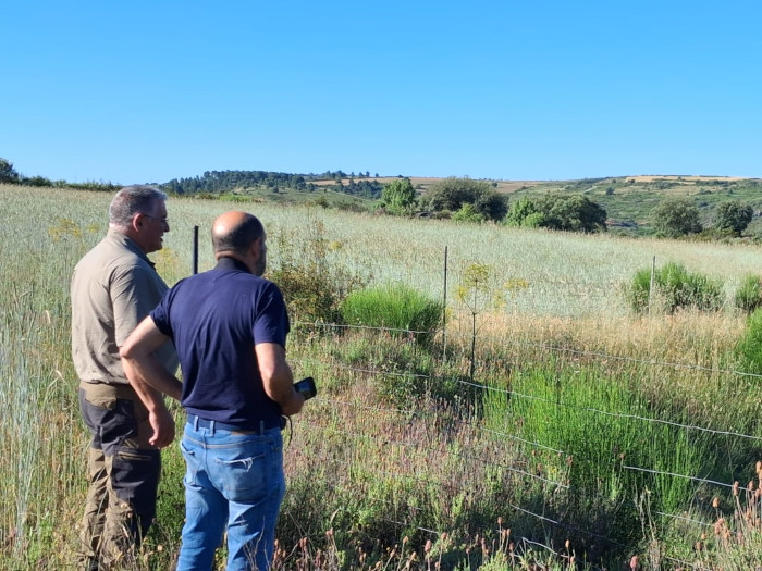Un miembro de GREFA visita con un agricultor colaborador de LIFE SOS Pygargus una zona de los Arribes del Duero en la provincia de Zamora donde actúa el proyecto.