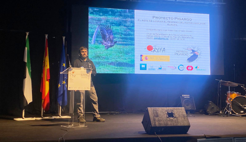 Enrique Murciano, del Proyecto Pigargo de GREFA, durante su intervención en la Feria Internacional de Turismo Ornitológico (FIO).