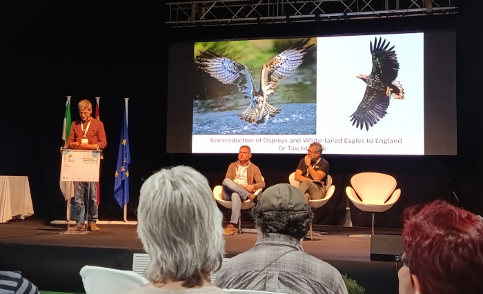 Tim Mackrill, de la Roy Dennis Wildlife Foundation, se dirige al público durante la mesa redonda sobre reintroducciones de especies celebrada en la FIO.